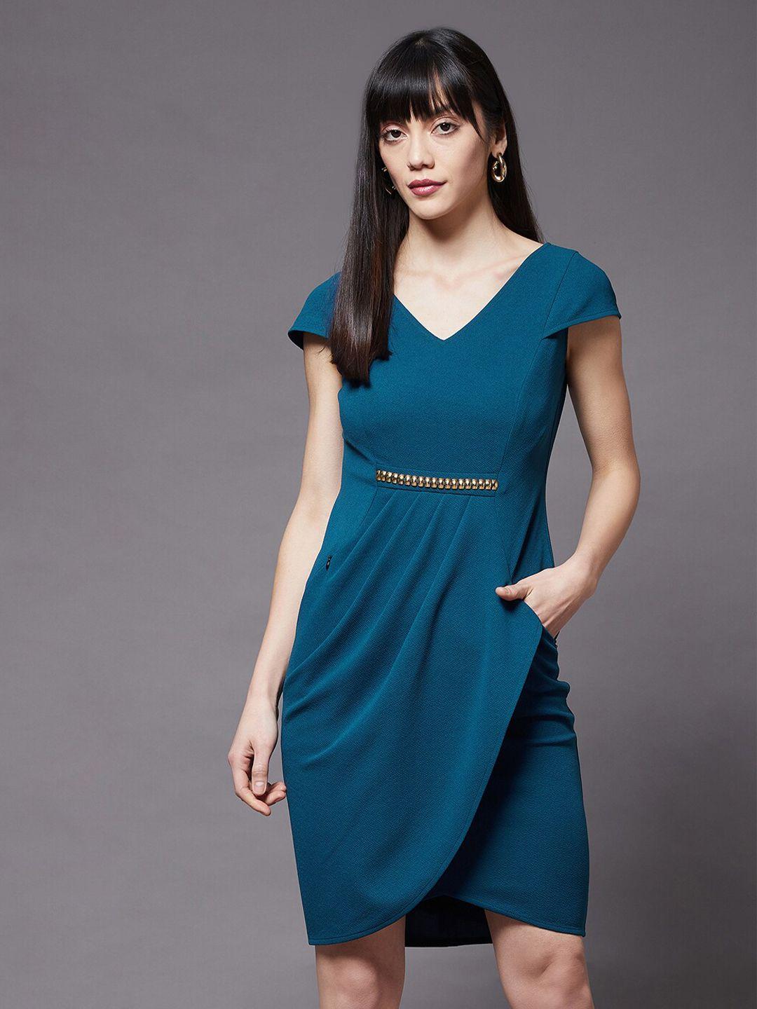 miss chase teal solid wrapped v-neck polyester knee-long bodycon dress