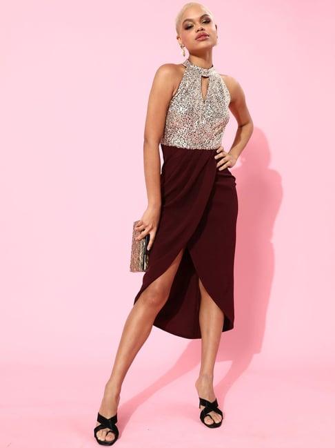 miss chase wine embellished high-low dress