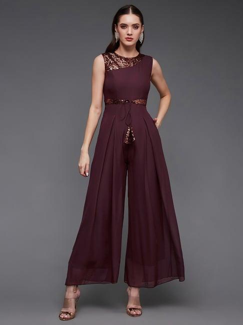 miss chase wine georgette embellished jumpsuit