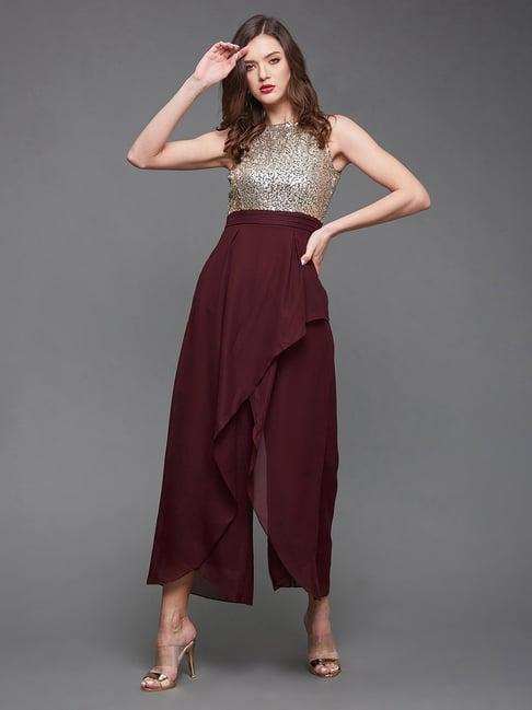 miss chase wine georgette embellished jumpsuit