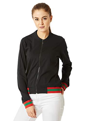 miss chase women's black round neck full sleeves ribbed solid twill tape detailing bomber jacket (mcaw18jkt02-46-62_black_l)