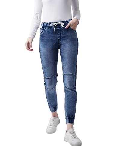 miss chase women's blue relaxed fit mid rise regular length denim stretchable jogger pants with drawstring closure (mcss20den99-23-115-34_blue_34)