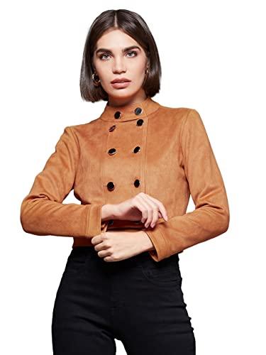 miss chase women's burnt orange mandarin collar full-sleeve solid cropped polyester jacket (mcaw22jkt03-56-286-03, burnt orange, s)