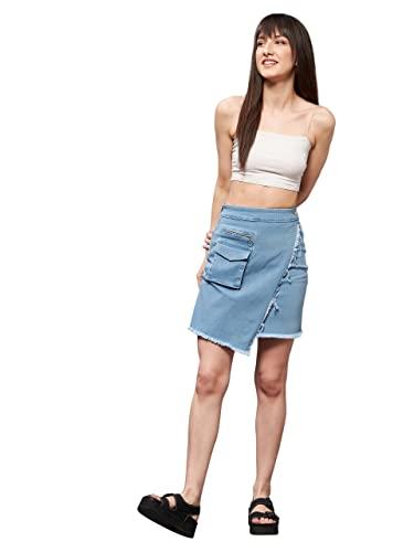 miss chase women's light blue regular high rise clean look above knee stretchable denim skirt (mcss22den11-07-158-26, light blue, 26)