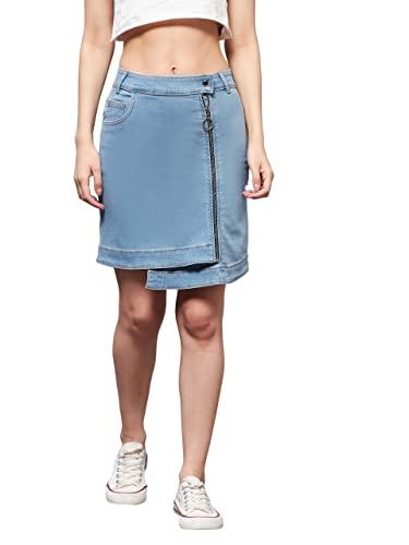 miss chase women's light blue regular high rise clean look above knee stretchable denim skirt (mcss22den11-10-158-30, light blue, 30)