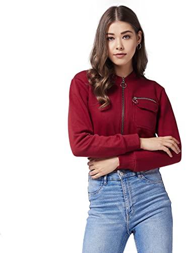 miss chase women's maroon round neck full sleeve solid bomber crop jacket (mcaw19jkt03-20-143-06,maroon,xl)