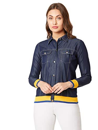 miss chase women's navy collared neck full sleeve solid bomber regular length denim jacket (mcaw19den05-40-71_navy blue_m)