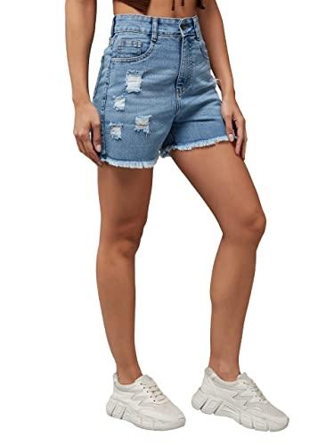 miss chase women's relaxed fit mid rise highly distressed regular-length denim shorts (mcss23den79-01-203-32, blue, 32)
