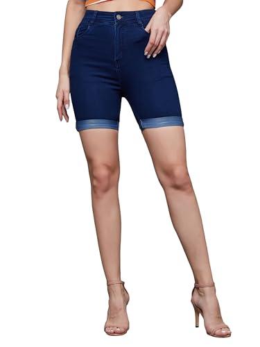 miss chase women's skinny high rise clean look regular length stretchable denim shorts (mcss23den09-11-71-30, navy blue, 30)