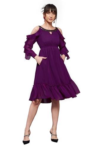 miss chase women's solid round neck full sleeves polyester ruffled knee length dress with pockets (mcss22d16-15-289-04, dark purple, m)