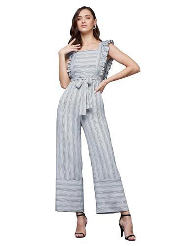 miss chase women's striped square neck frilled crepe relaxed fit tie-up regular jumpsuit with pockets (mcaw23d19-09-98-05, black and white, l)