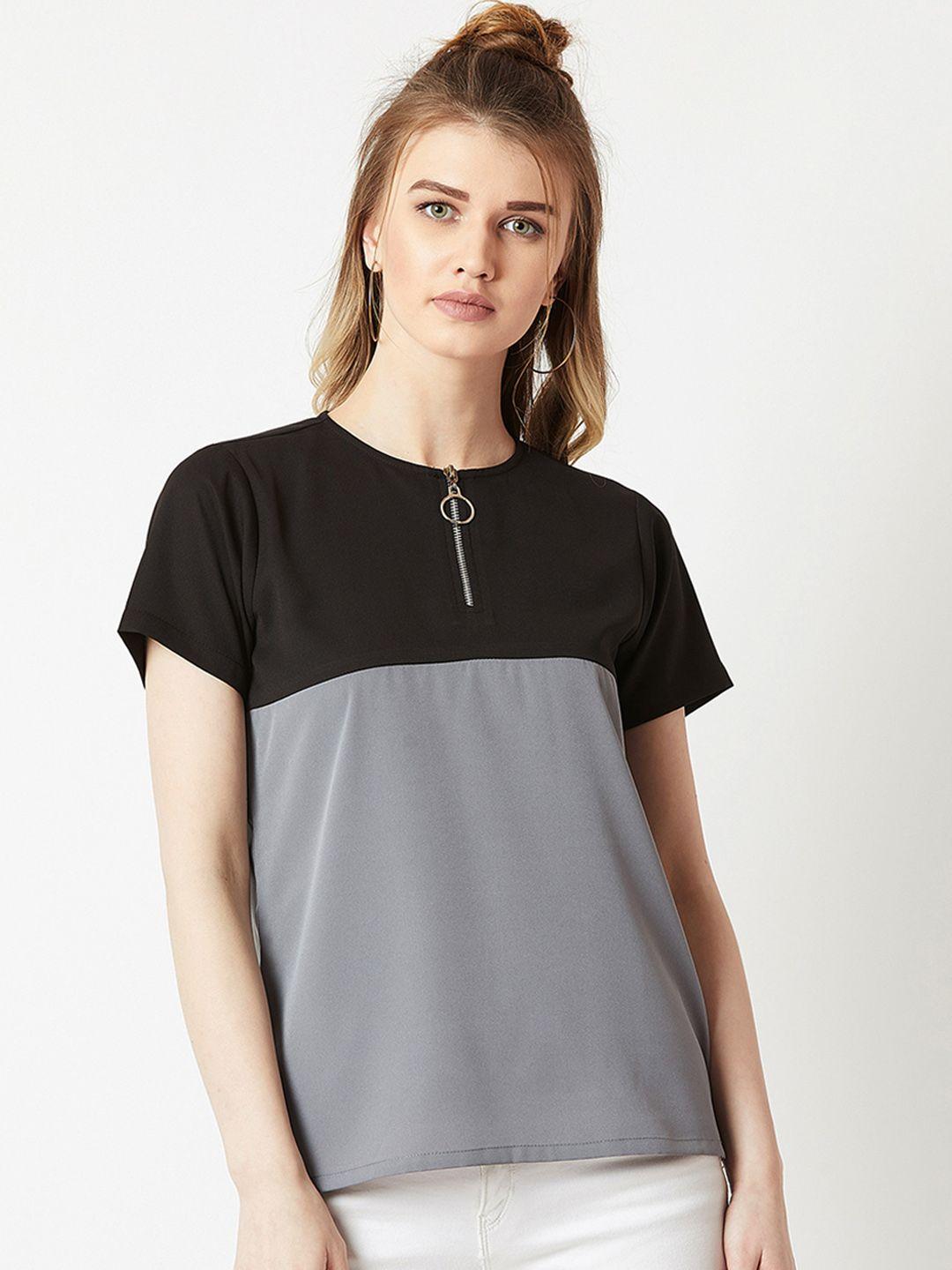 miss chase women black & grey colourblocked top