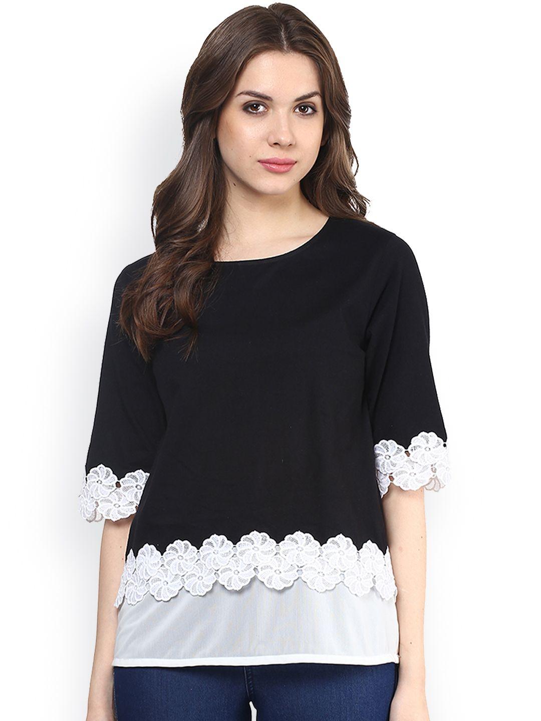 miss chase women black & white layered top with lace detail