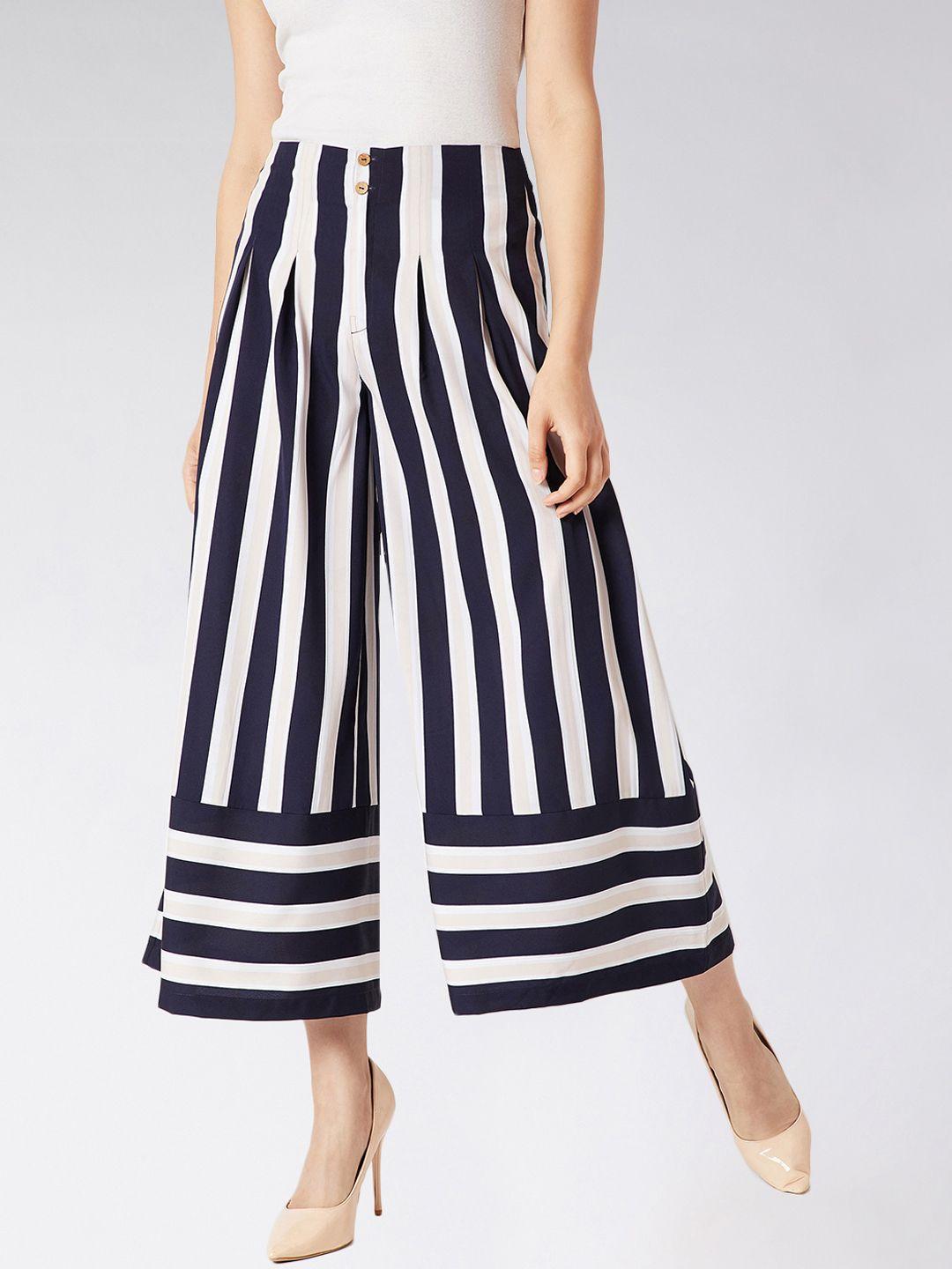 miss chase women black & white regular fit striped culottes