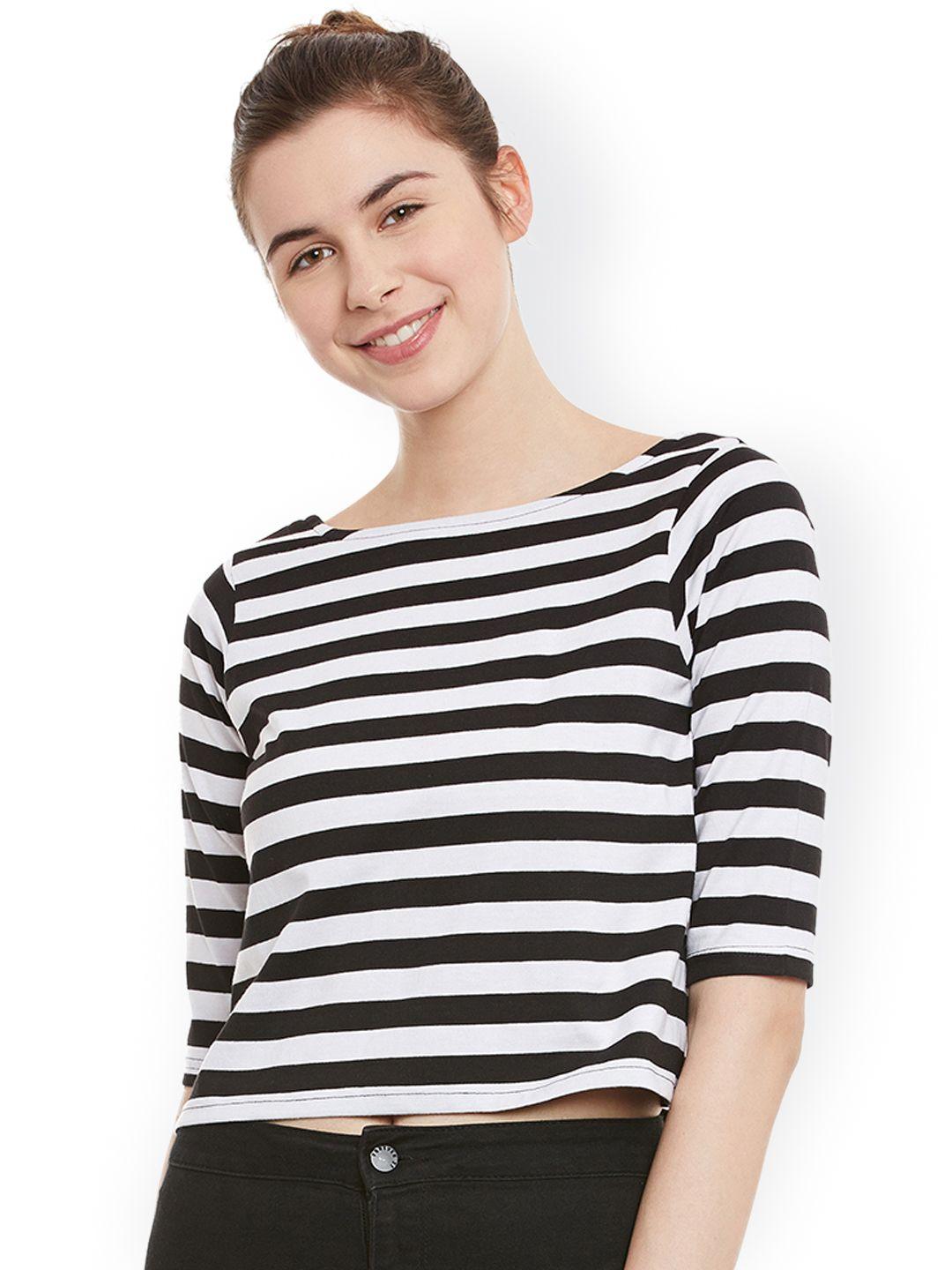 miss chase women black & white striped crop pure cotton top