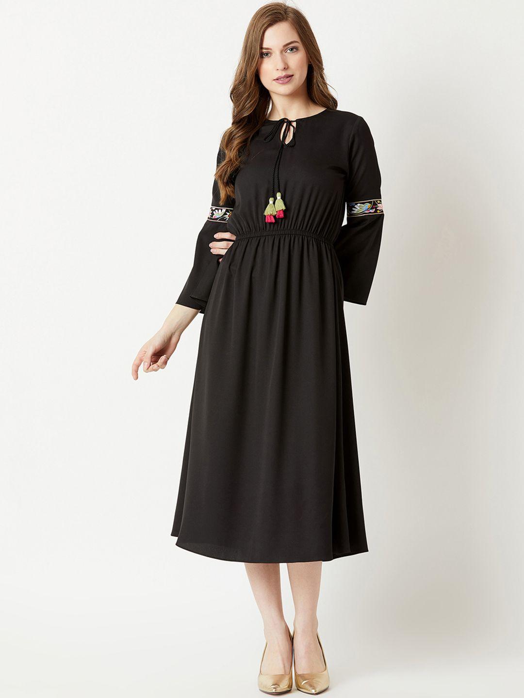 miss chase women black fit & flare dress with embroidered sleeves