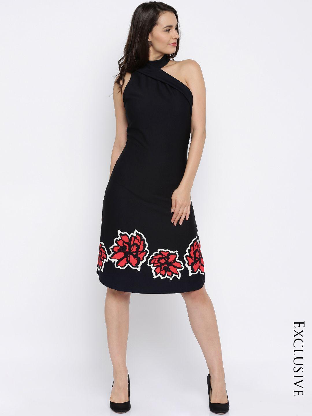 miss chase women black printed a-line dress