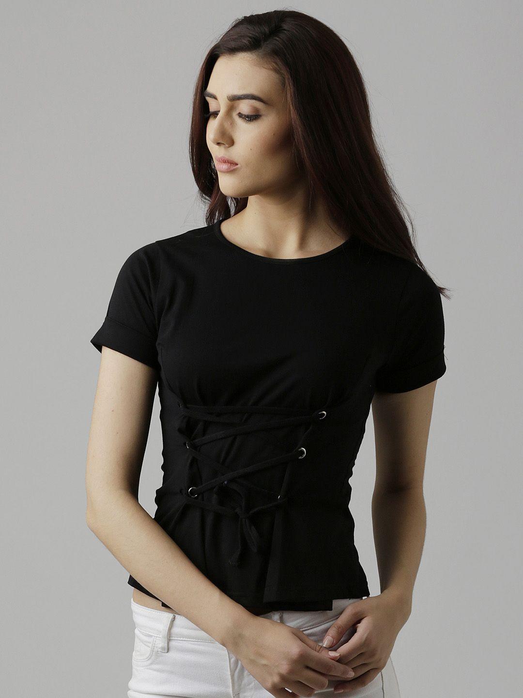 miss chase women black solid cinched waist top