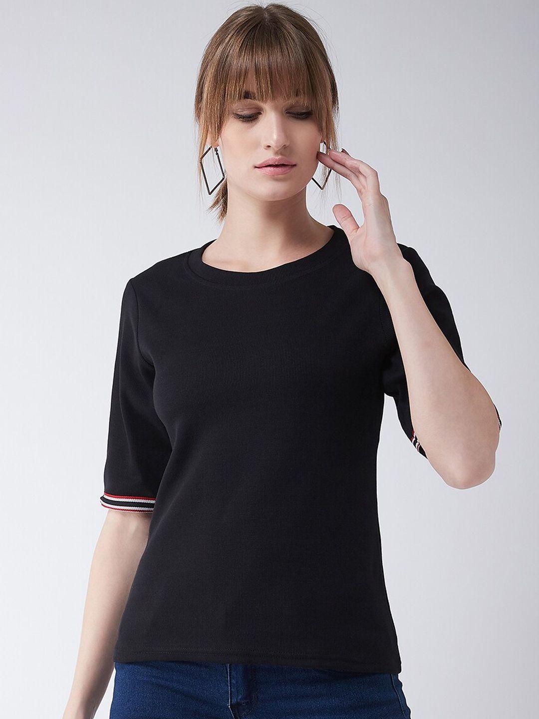 miss chase women black solid knitted pure cotton top