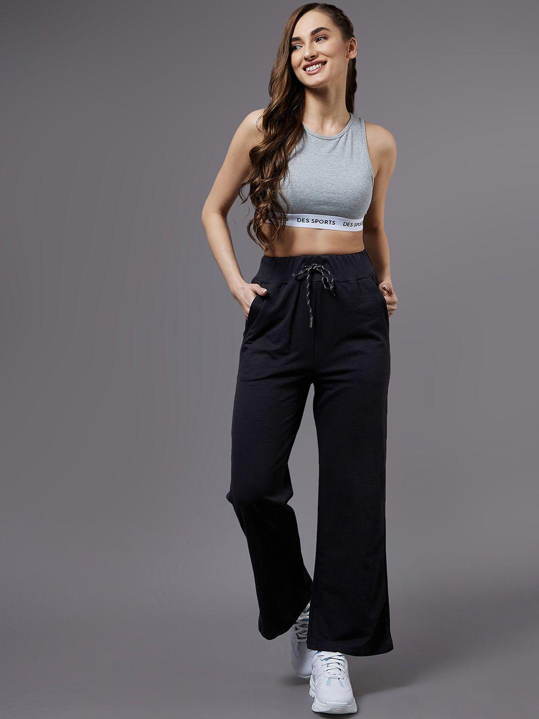 miss chase women black solid pure cotton relaxed fit track pants