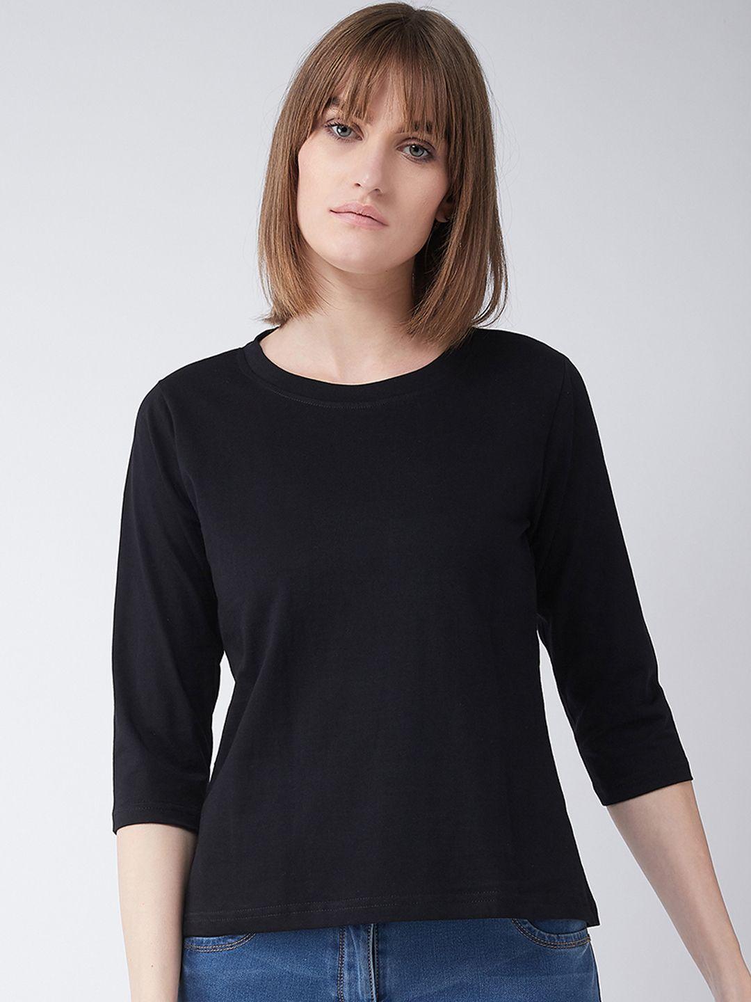 miss chase women black solid round neck t-shirt