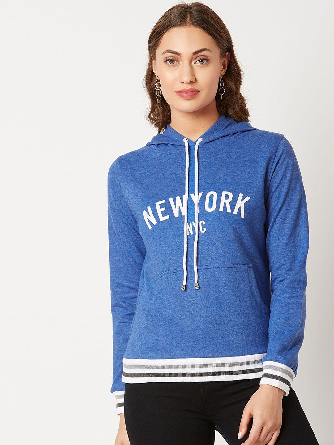 miss chase women blue & white printed hooded sweatshirt