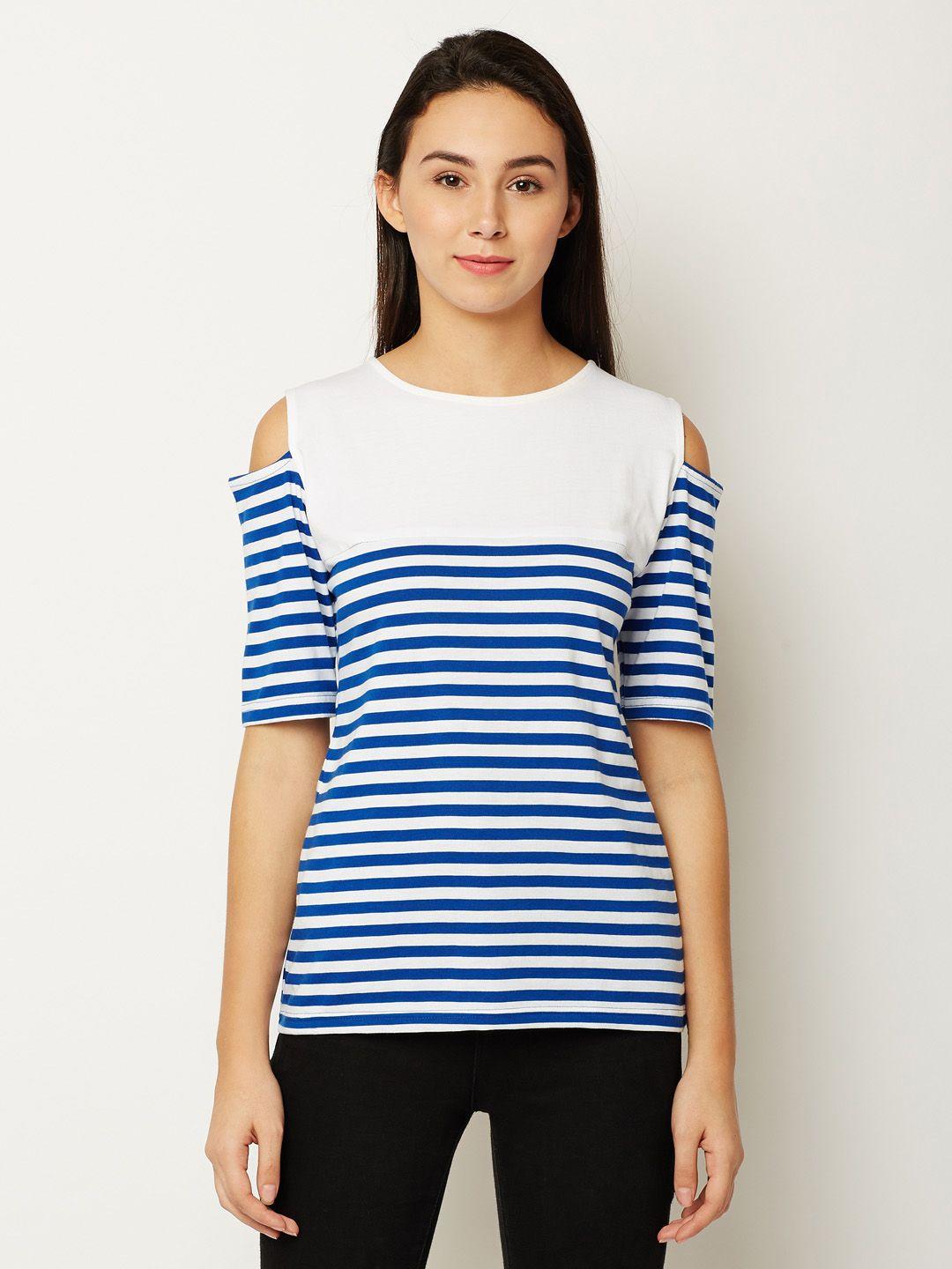 miss chase women blue & white striped pure cotton top