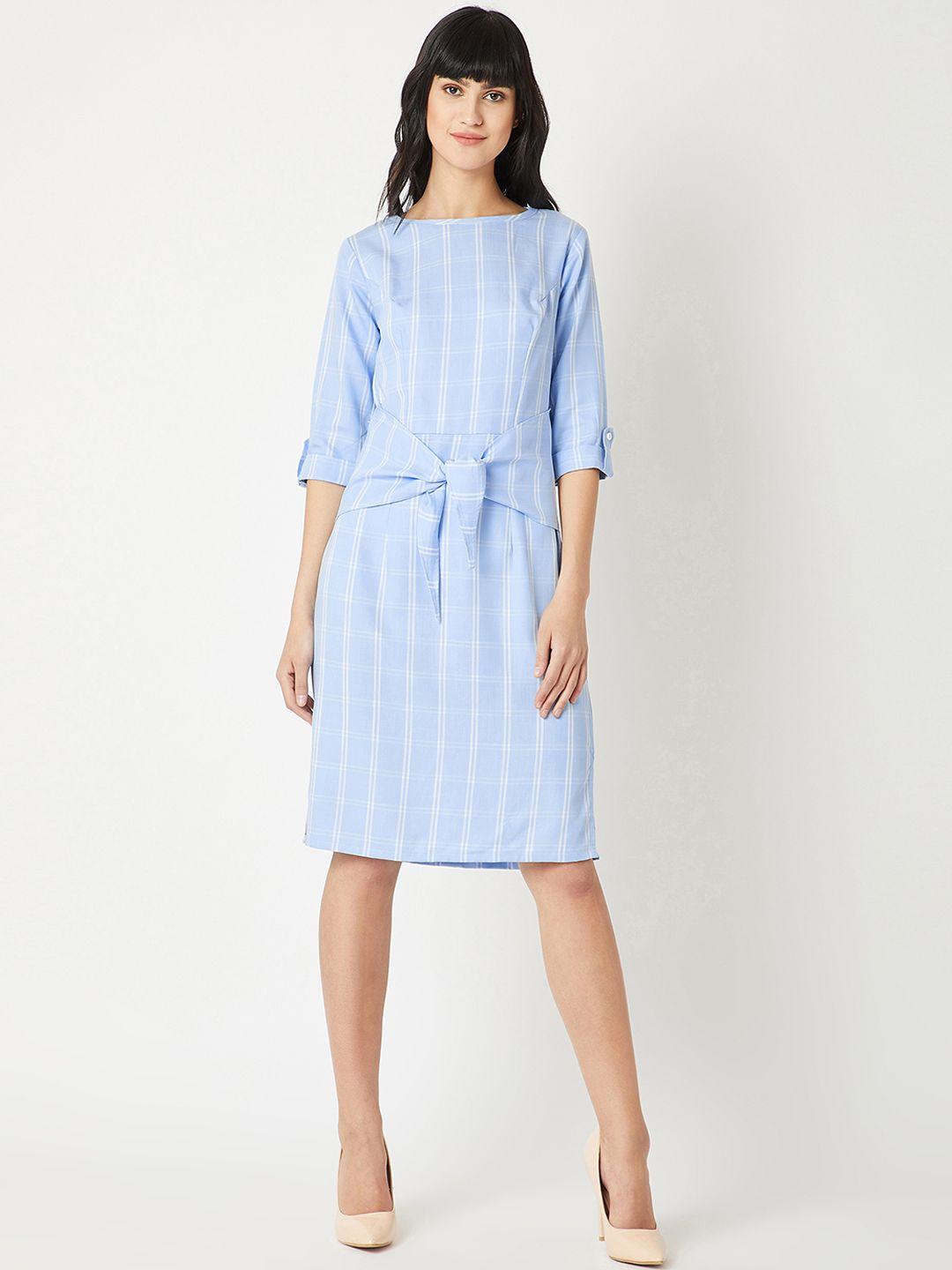 miss chase women blue checked fit and flare dress