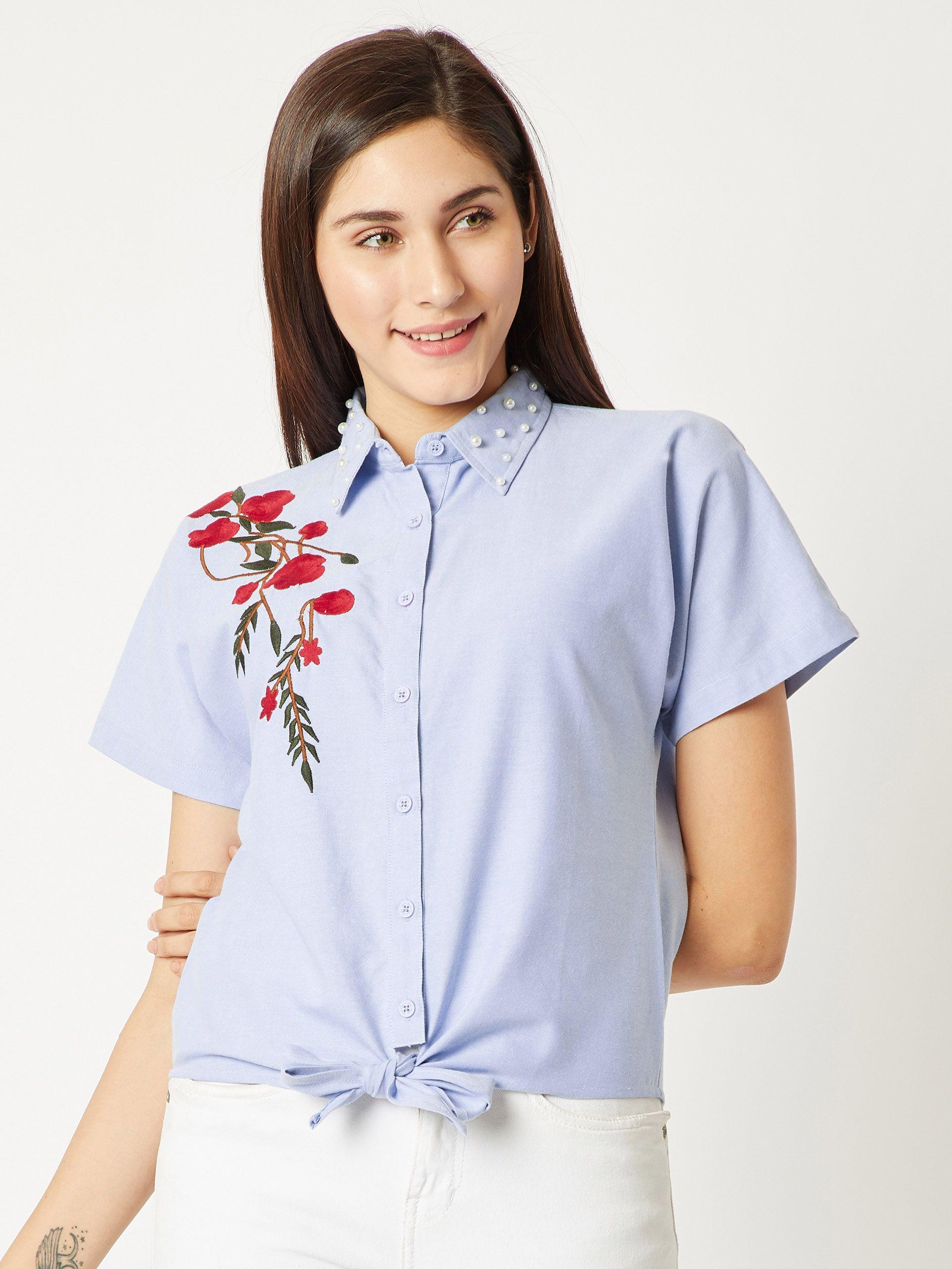 miss chase women blue embroidered regular fit solid casual shirt