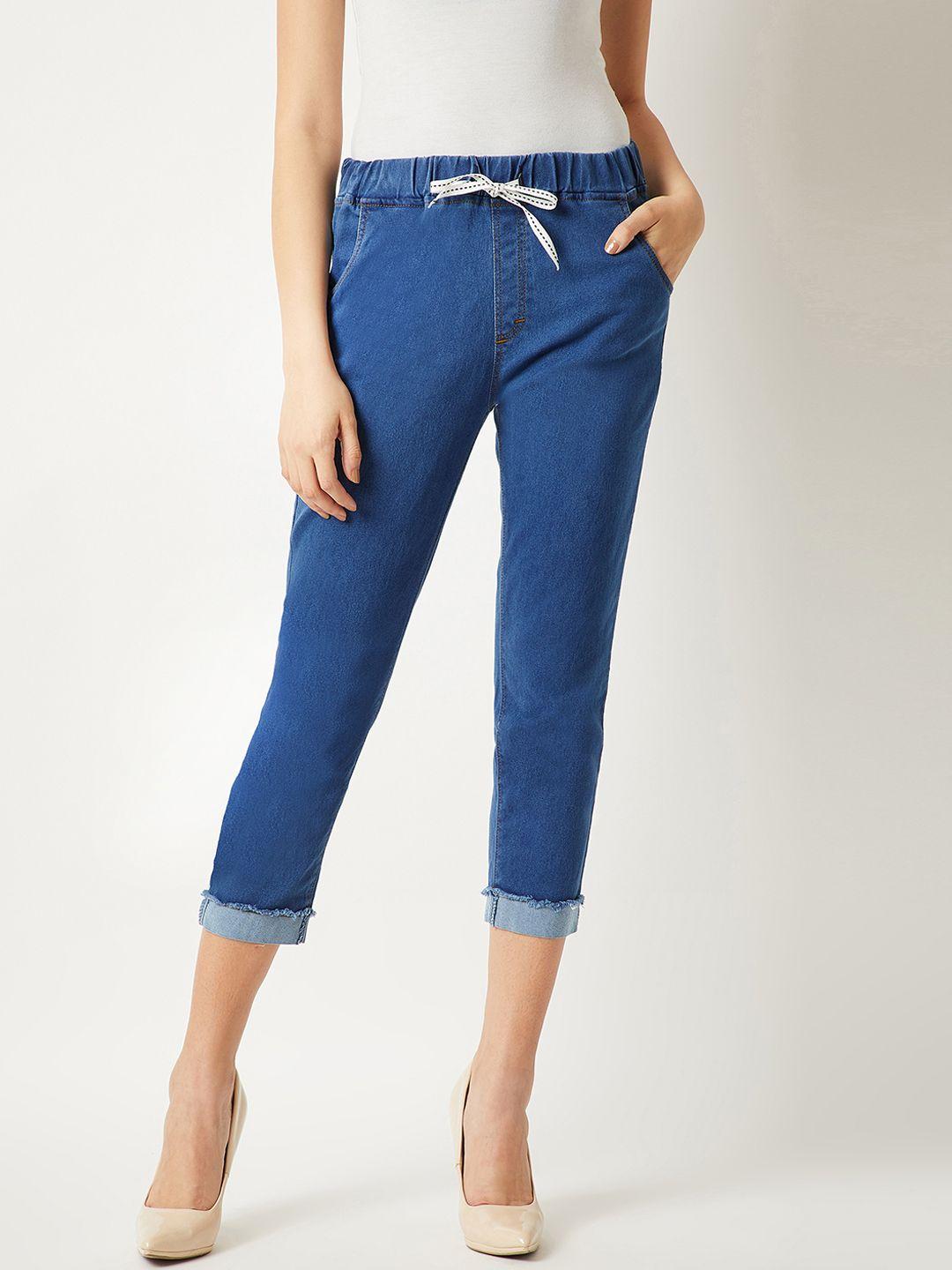 miss chase women blue regular fit solid denim joggers