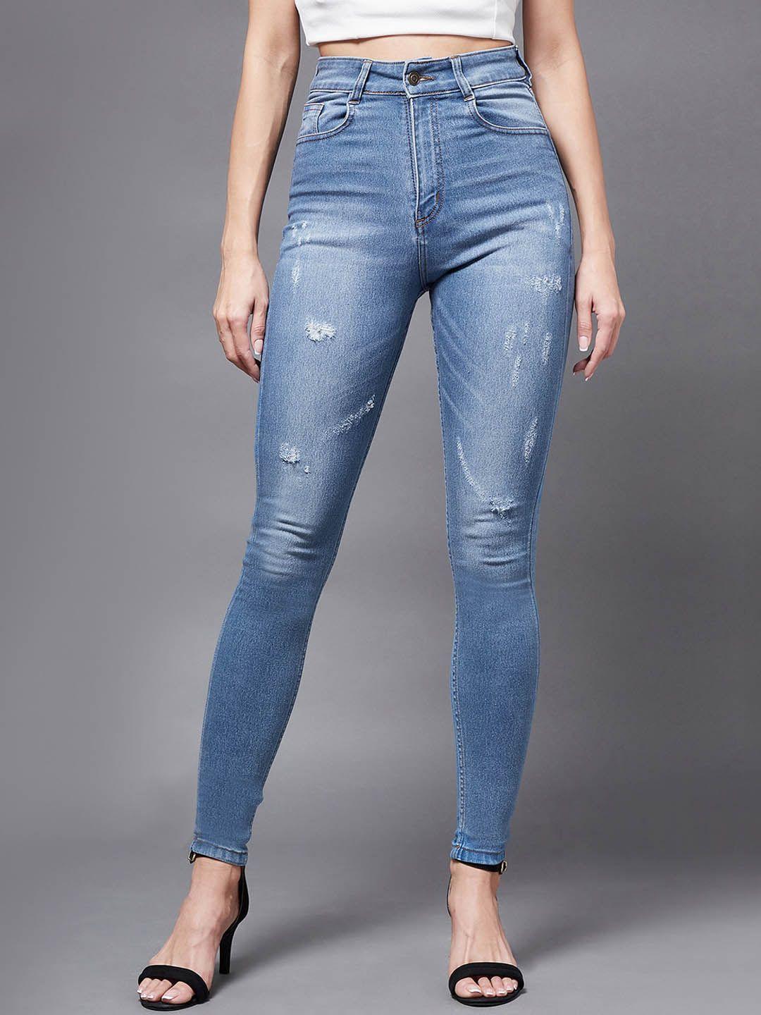 miss chase women blue skinny fit high-rise mildly distressed light fade stretchable jeans