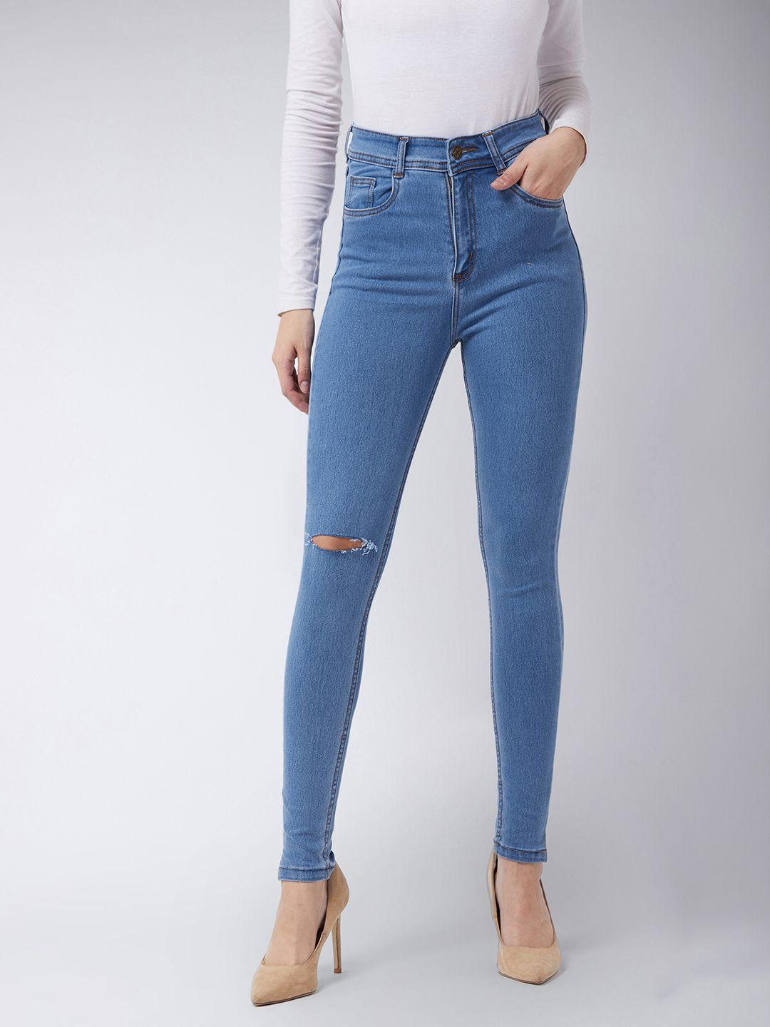 miss chase women blue skinny fit high-rise slash knee jeans