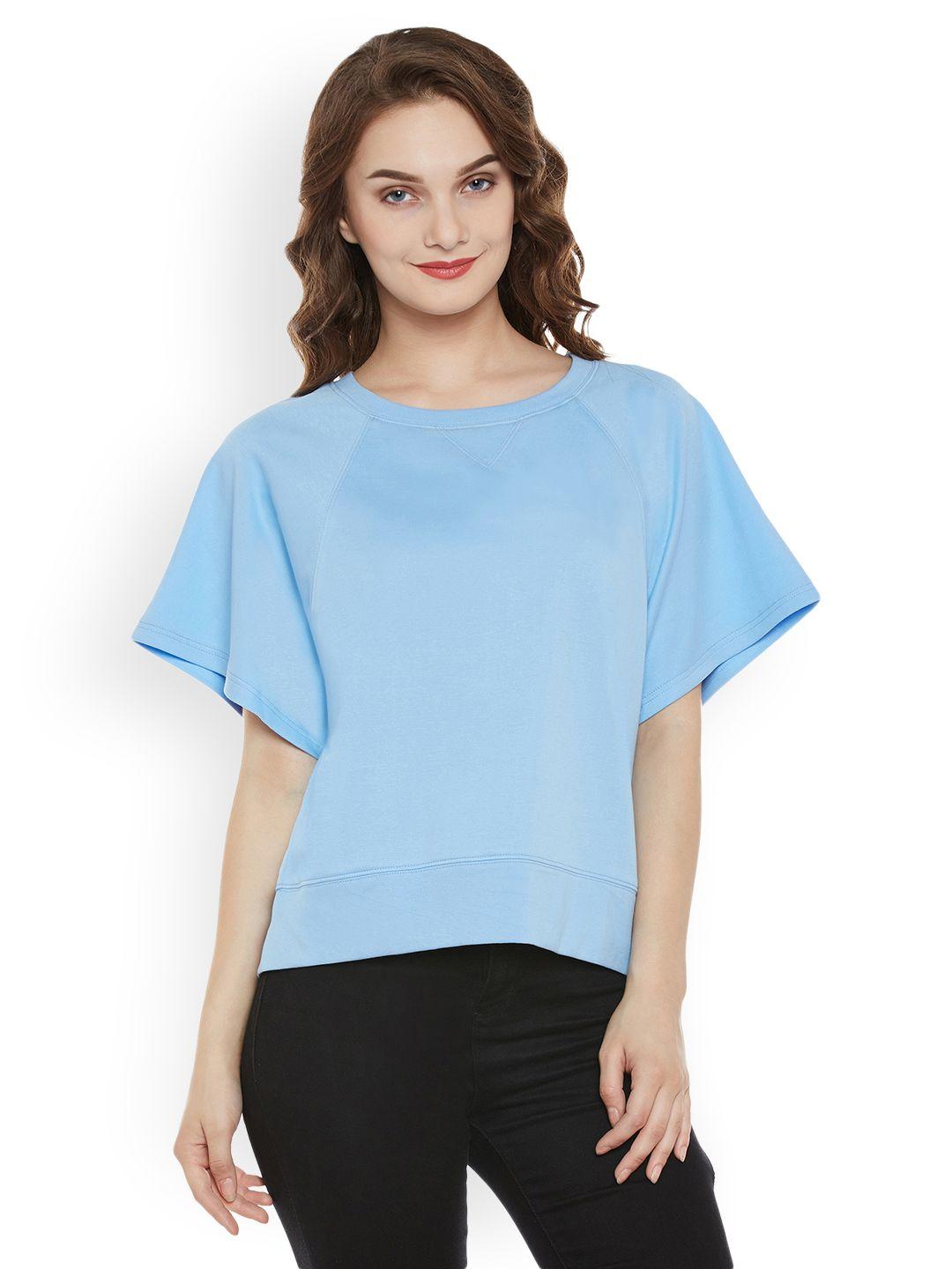 miss chase women blue solid boxy pure cotton top