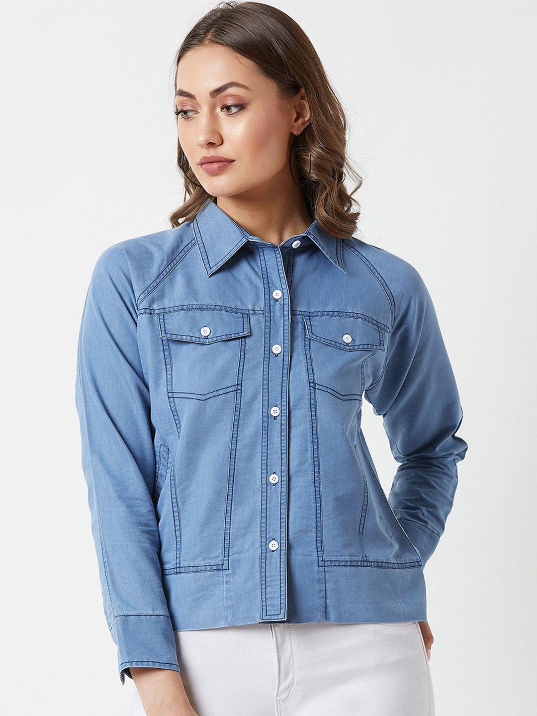 miss chase women blue solid denim jacket