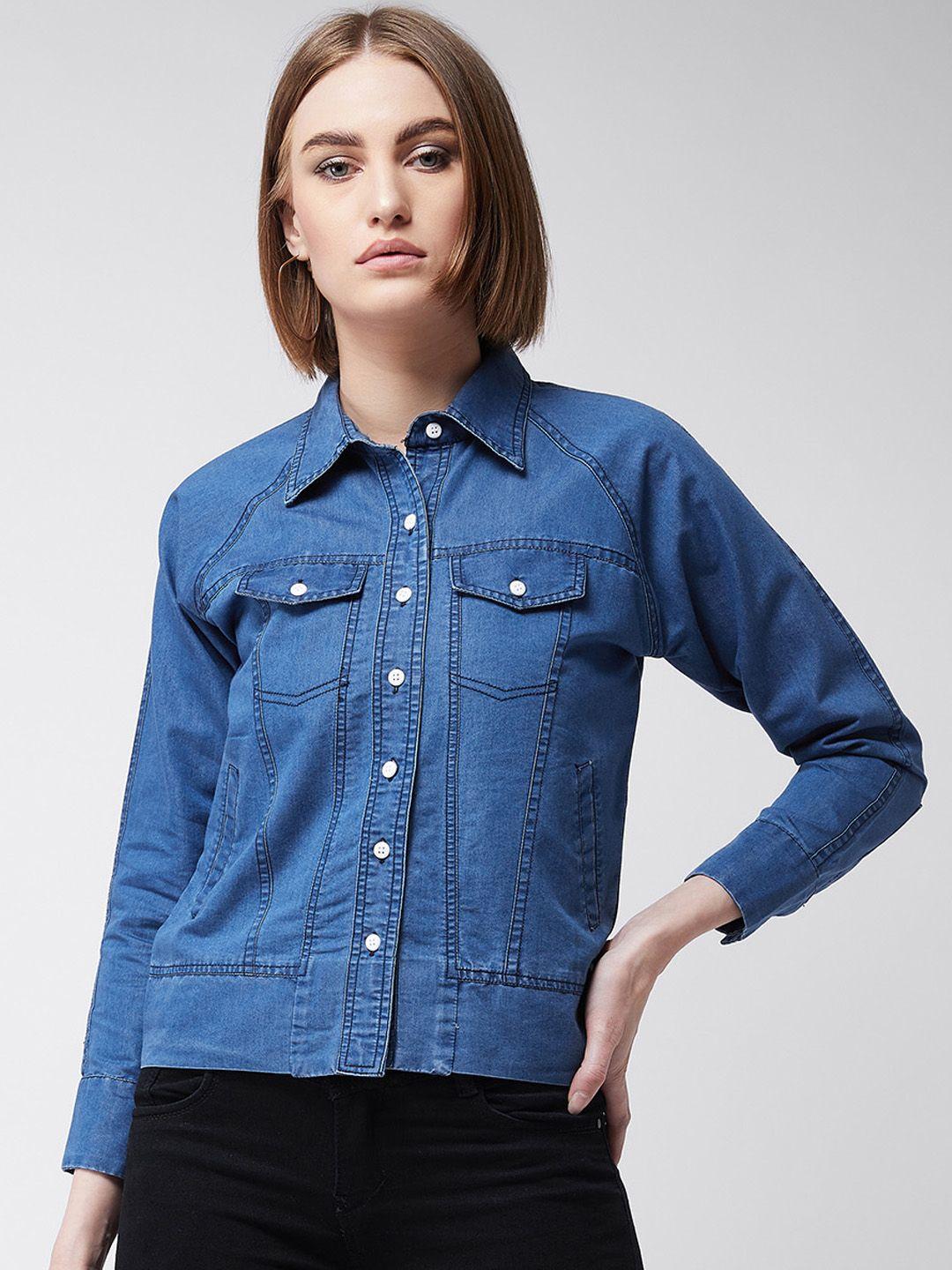 miss chase women blue solid denim jacket