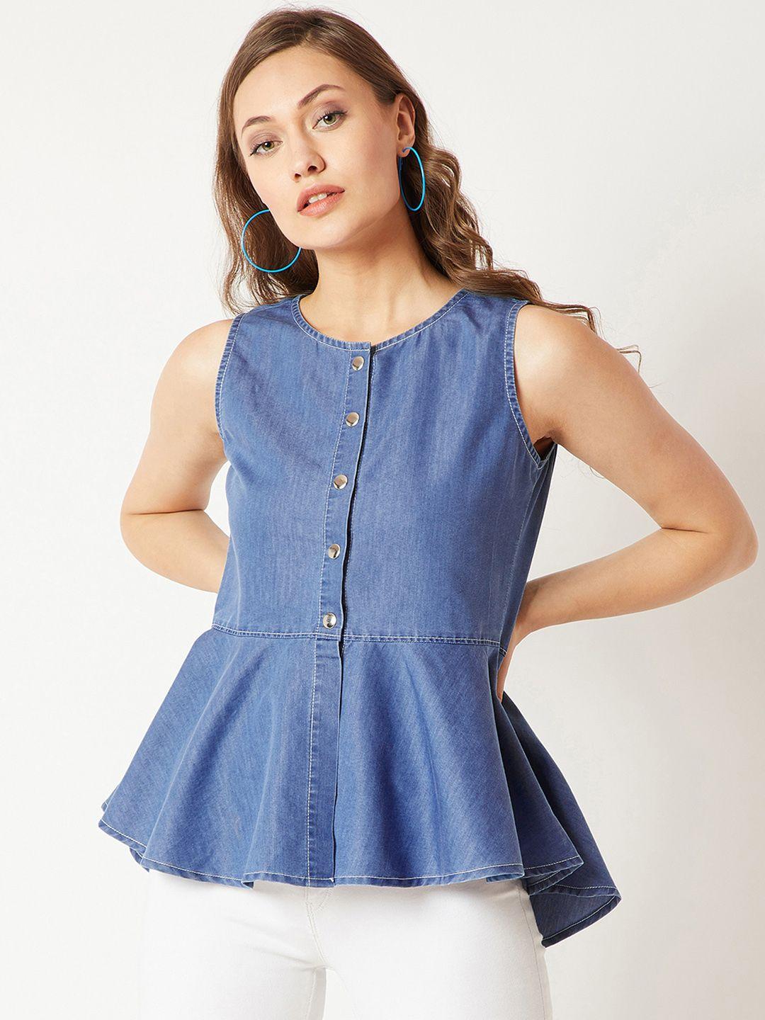 miss chase women blue solid peplum denim pure cotton top