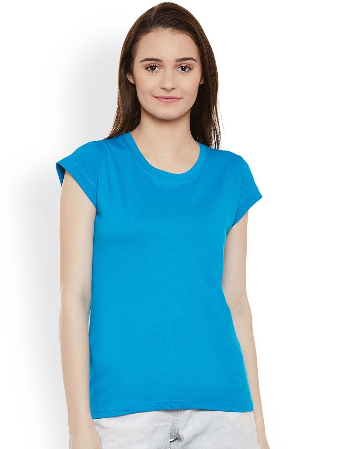 miss chase women blue solid round neck t-shirt
