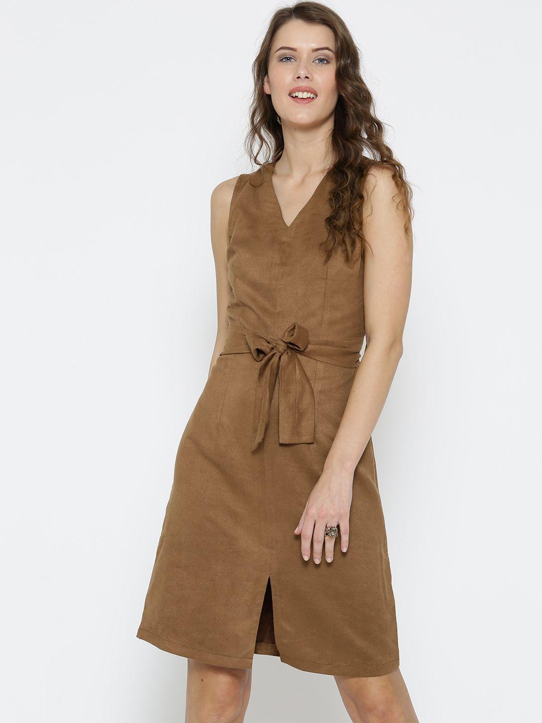 miss chase women brown solid belted a-line dress