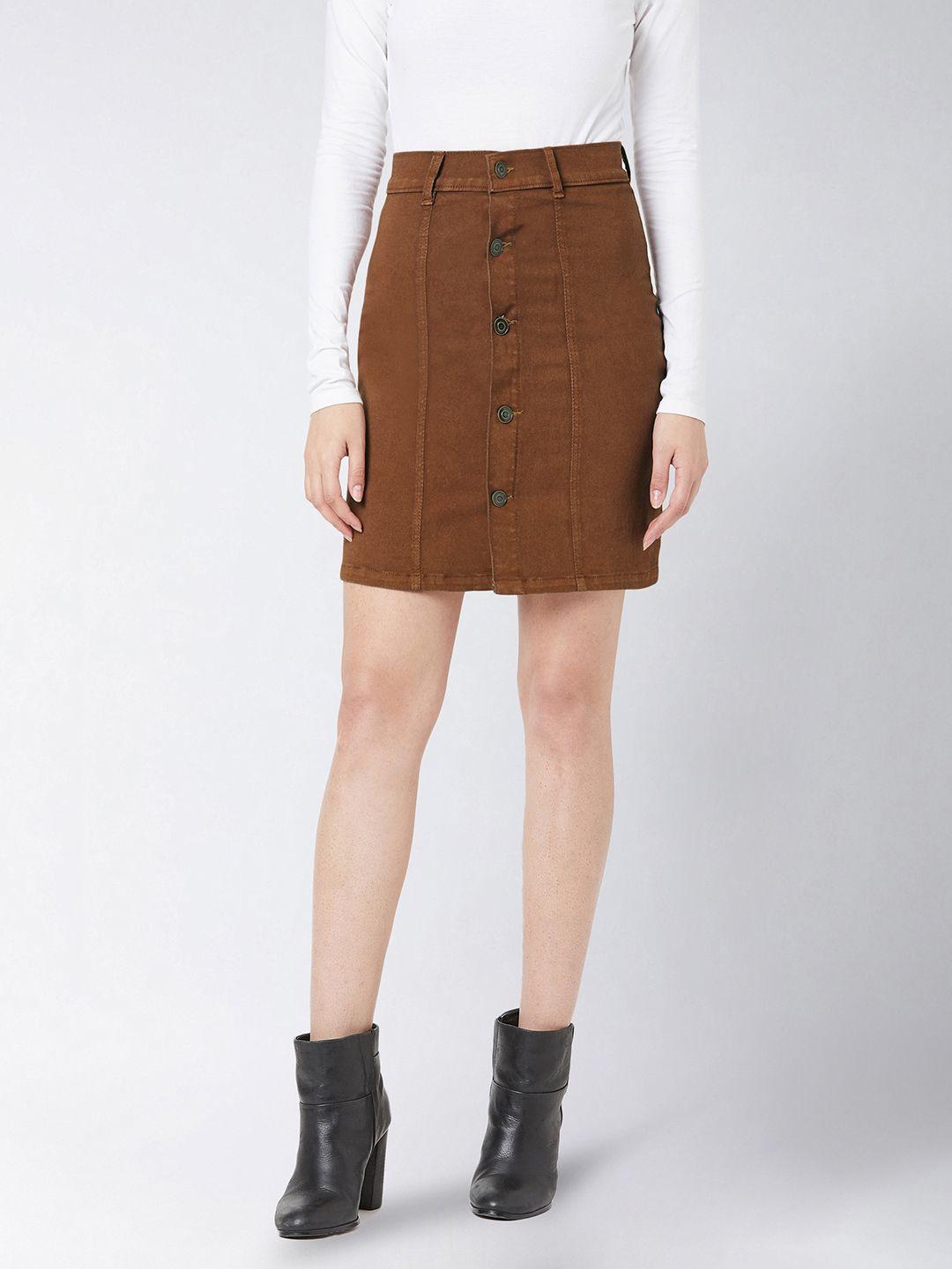 miss chase women brown solid straight mini denim skirt