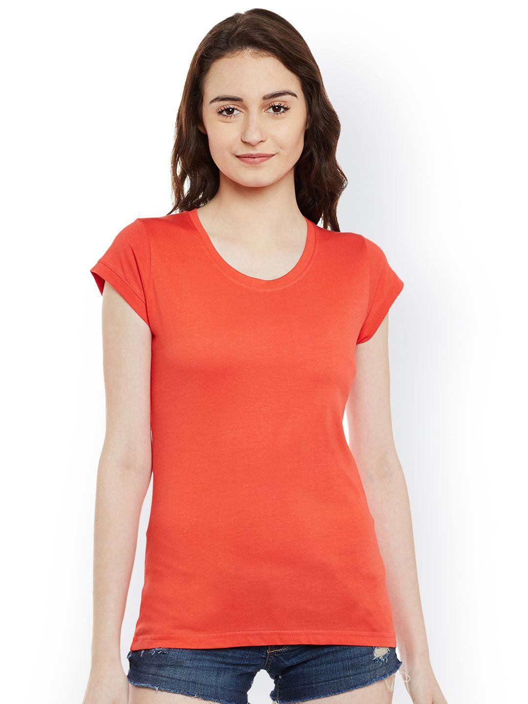 miss chase women coral red solid round neck t-shirt