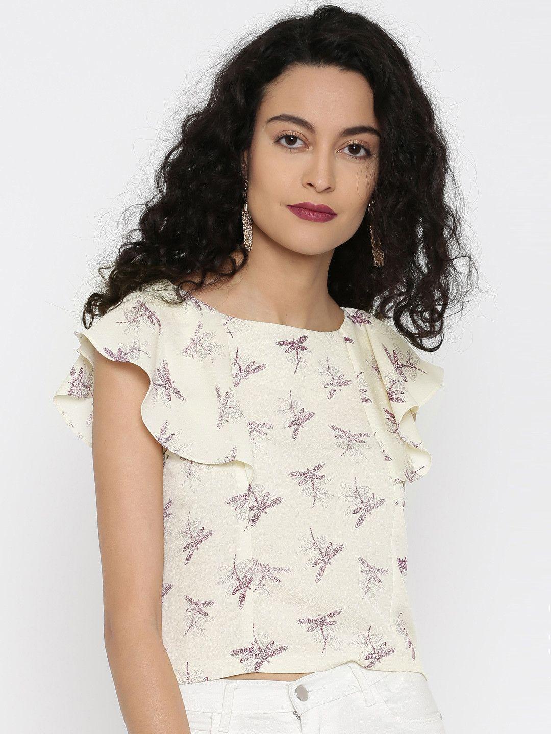 miss chase women cream & purple printed top