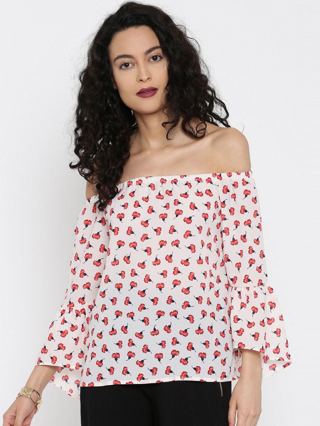 miss chase women cream & red printed bardot top