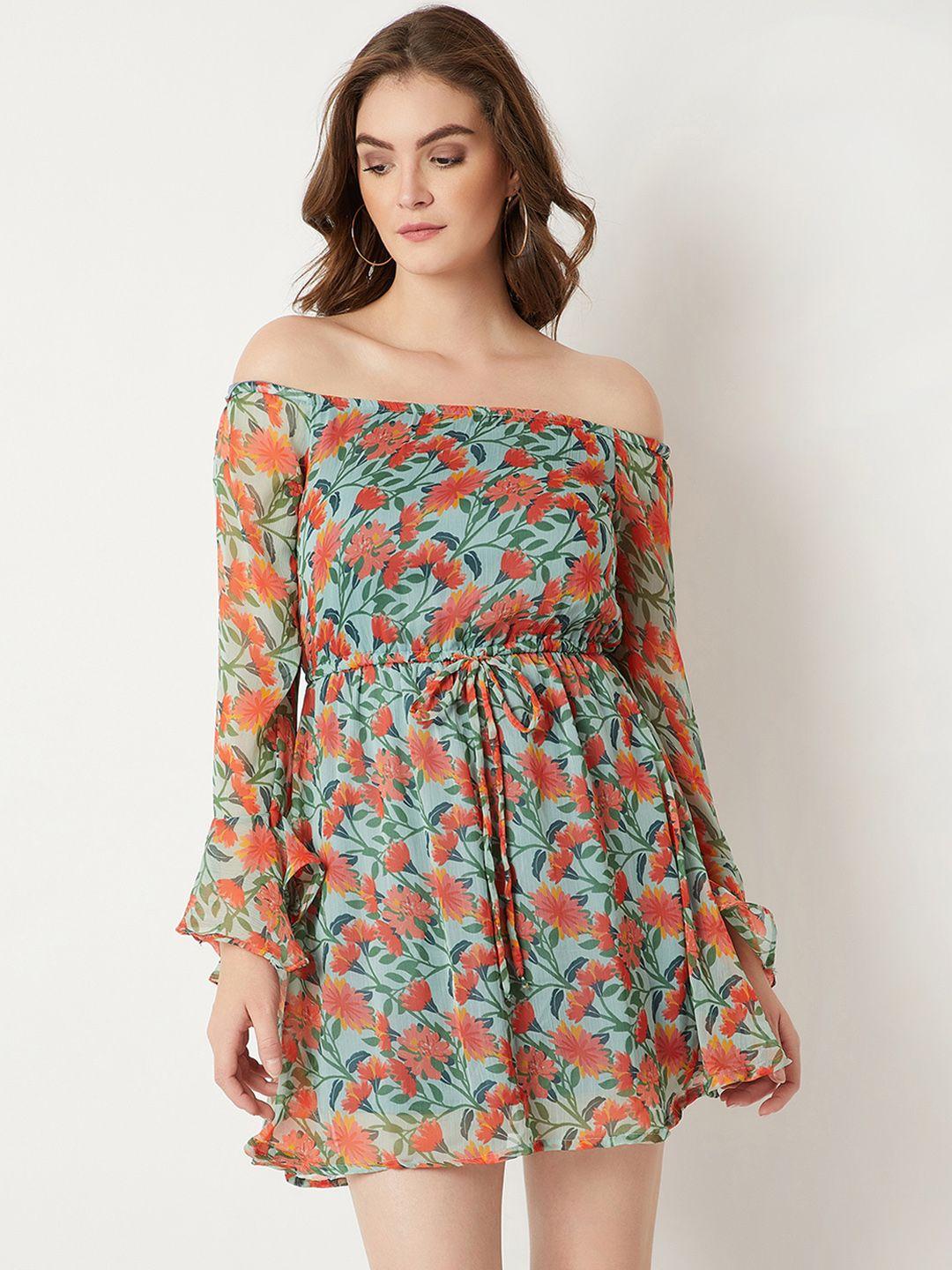 miss chase women green & peach-coloured printed fit and flare dress