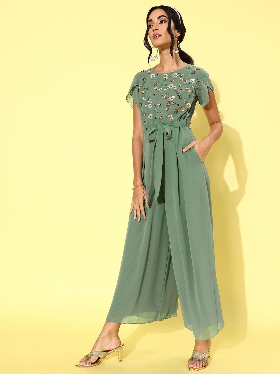 miss chase women green basic jumpsuit with embroidered detail
