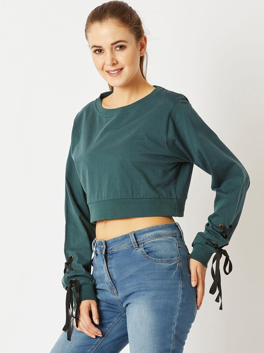 miss chase women green solid cropped pure cotton top
