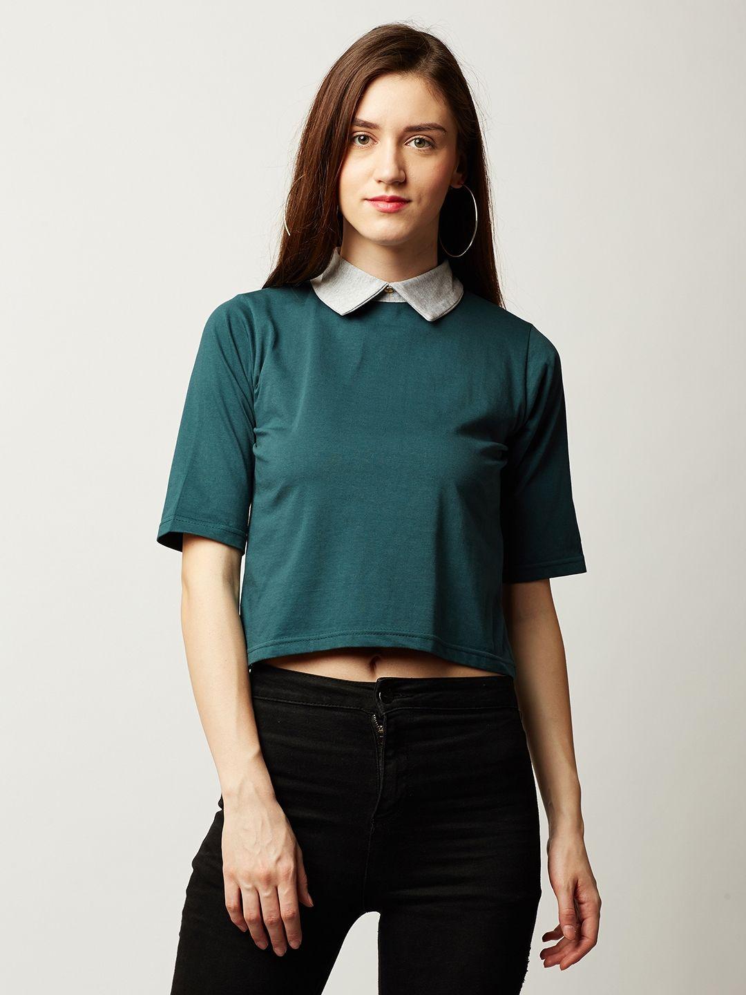 miss chase women green solid pure cotton top