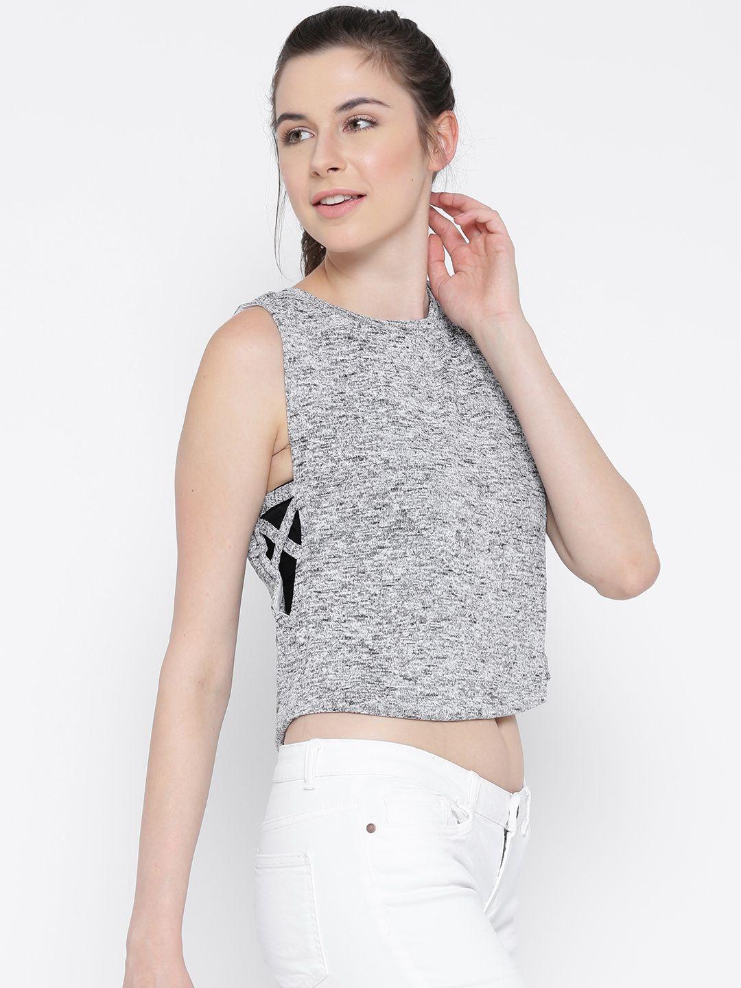 miss chase women grey melange self-design a-line crop pure cotton top