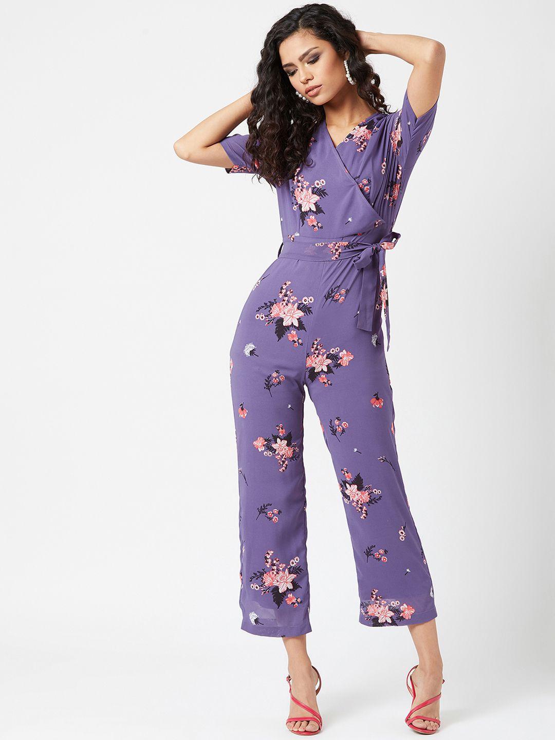 miss chase women lavender & pink printed basic wrap jumpsuit