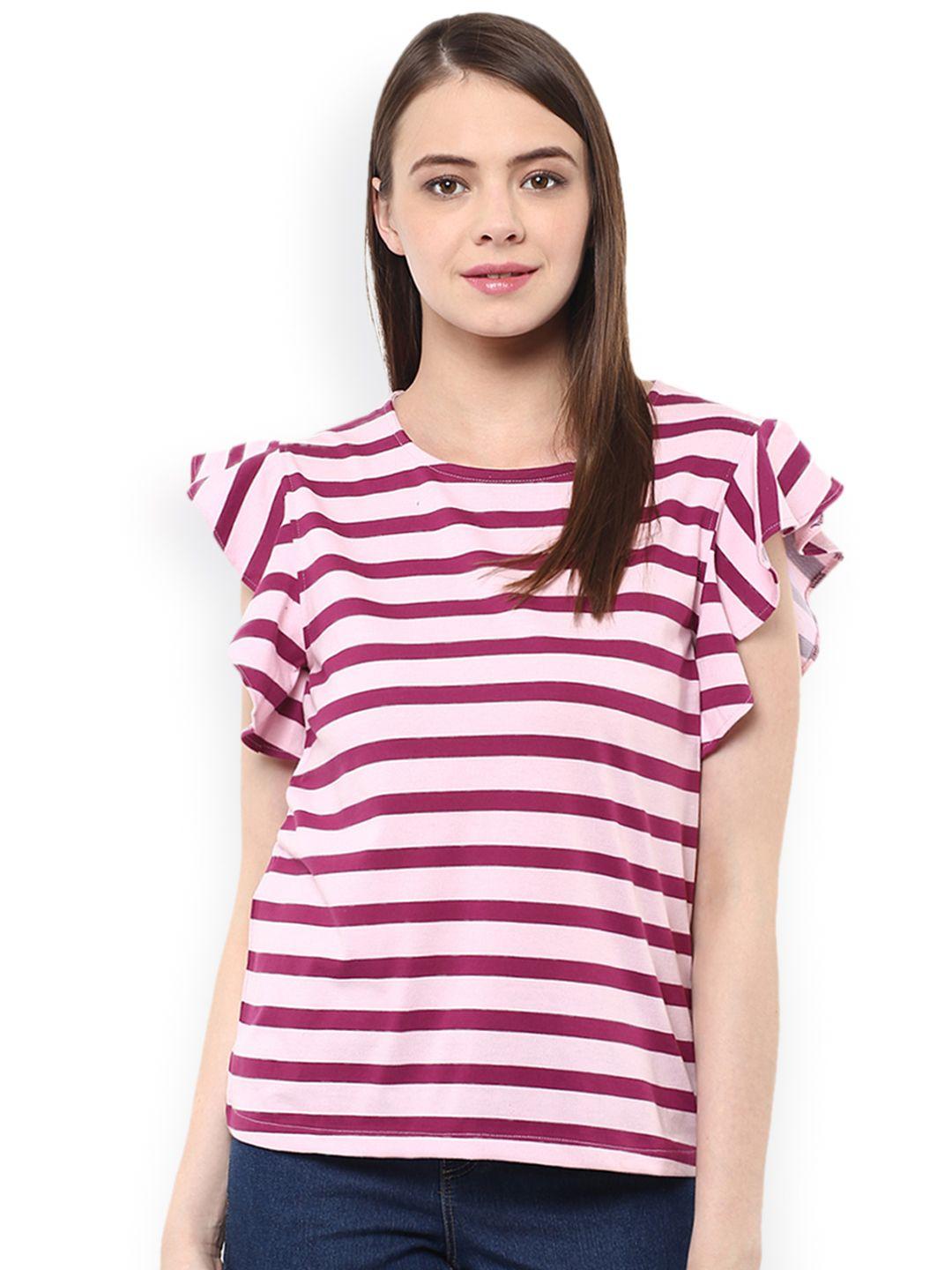 miss chase women magenta striped boxy pure cotton top