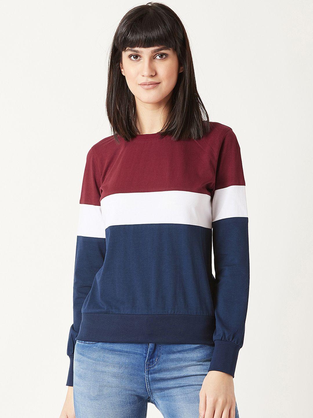 miss chase women maroon & navy blue colourblocked sweatshirt